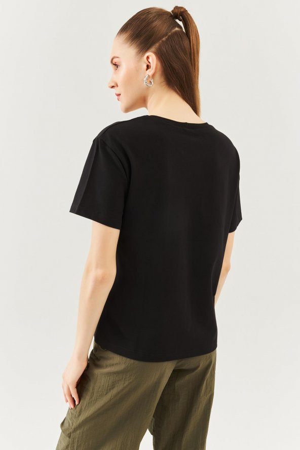Siyah Oversize Rahat %100 Pamuklu Penye Bisiklet Yaka Kısa Kol Basic T-Shirt - 5