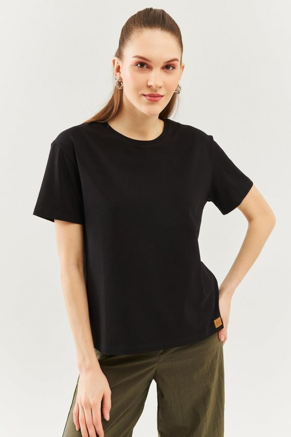 Siyah Oversize Rahat %100 Pamuklu Penye Bisiklet Yaka Kısa Kol Basic T-Shirt - 6
