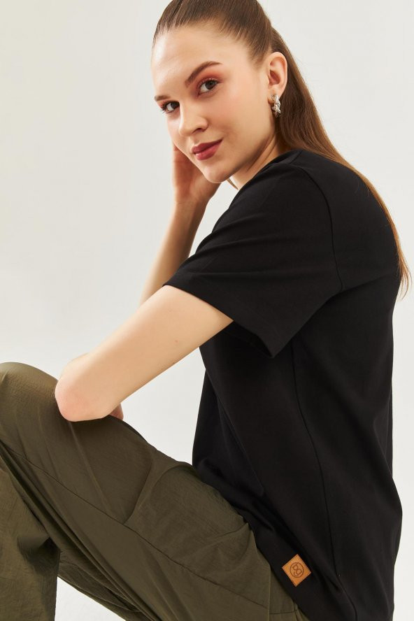 Siyah Oversize Rahat %100 Pamuklu Penye Bisiklet Yaka Kısa Kol Basic T-Shirt - 7