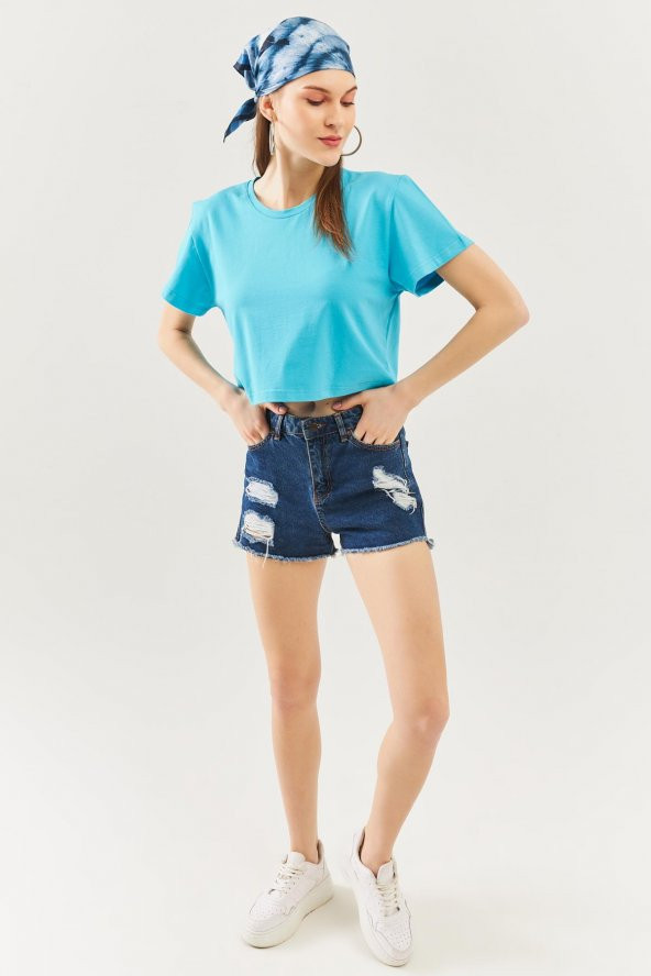 Aqua Oversize Rahat %100 Pamuklu Penye Bisiklet Yaka Kısa Kol Basic Crop T-Shirt - 4