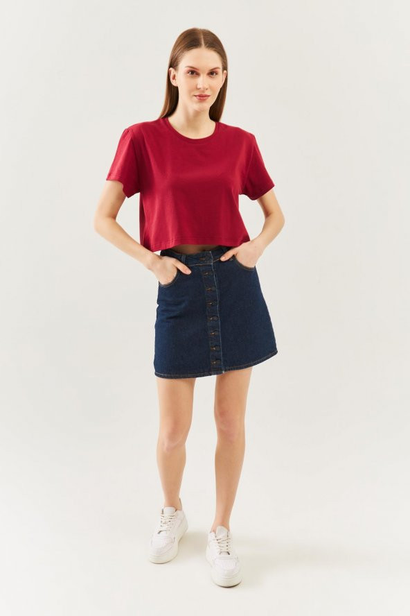 Bordo Oversize Rahat %100 Pamuklu Penye Bisiklet Yaka Kısa Kol Basic Crop T-Shirt - 4