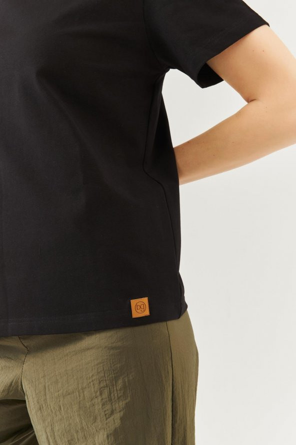 Siyah Oversize Rahat %100 Pamuklu Penye Bisiklet Yaka Kısa Kol Basic T-Shirt - 8