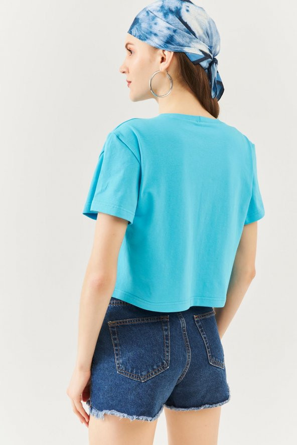Aqua Oversize Rahat %100 Pamuklu Penye Bisiklet Yaka Kısa Kol Basic Crop T-Shirt - 5