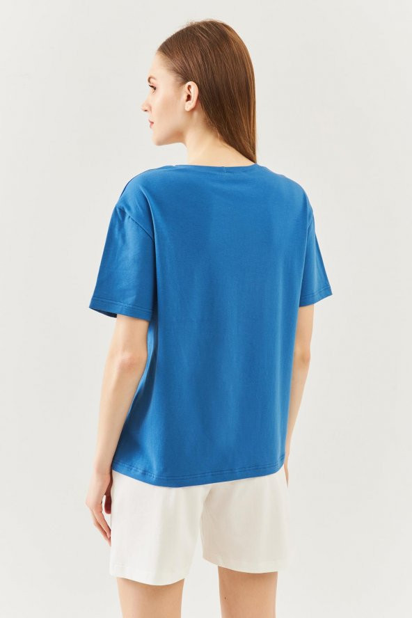 Mavi  Oversize Rahat %100 Pamuklu Penye Bisiklet Yaka Kısa Kol Basic T-Shirt - 5