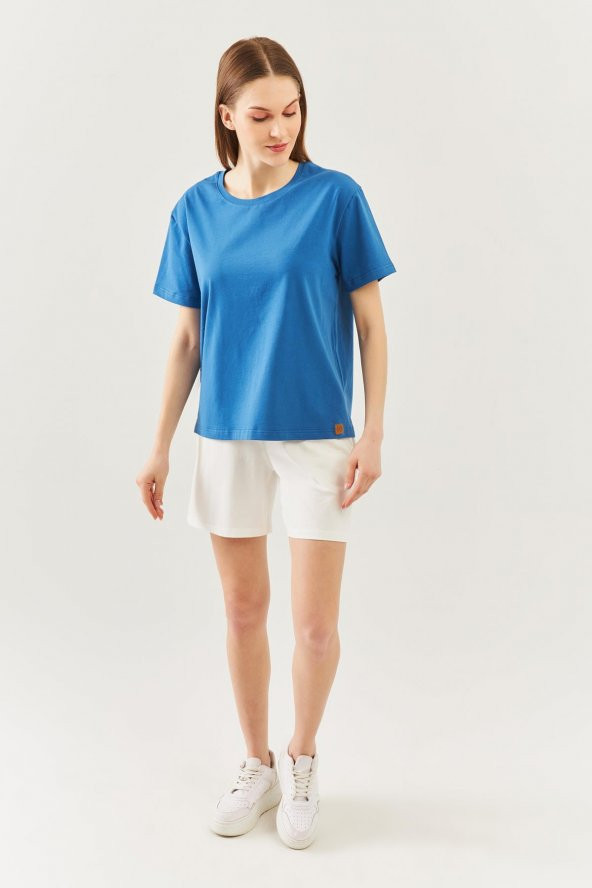 Mavi  Oversize Rahat %100 Pamuklu Penye Bisiklet Yaka Kısa Kol Basic T-Shirt - 7