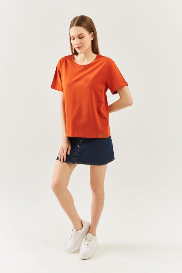Kiremit Oversize Rahat %100 Pamuklu Penye Bisiklet Yaka Kısa Kol Basic T-Shirt - 4