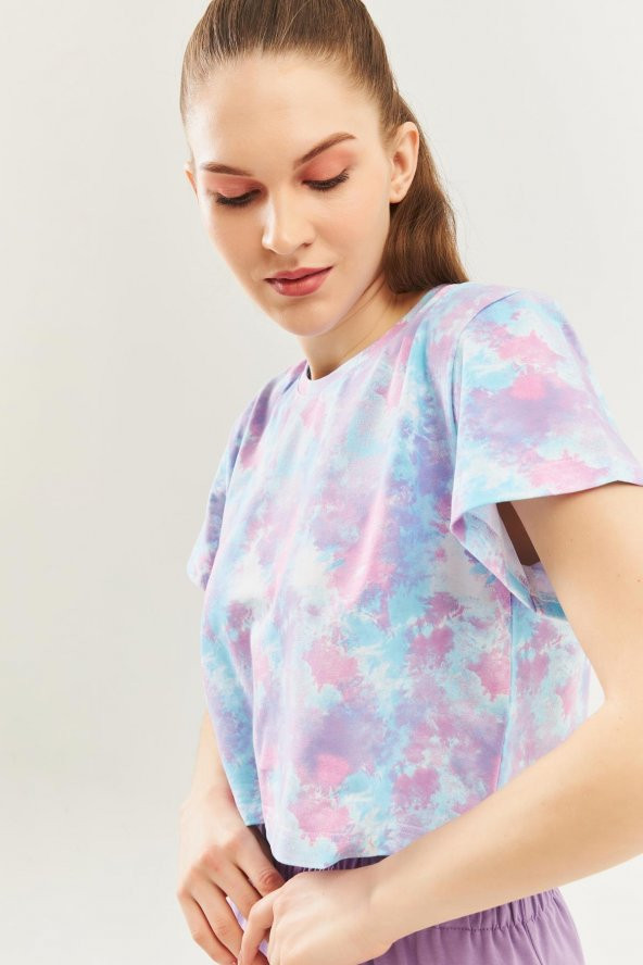 Batik Aqua Oversize Rahat %100 Pamuklu Penye Bisiklet Yaka Kısa Kol Basic Crop T-Shirt - 3