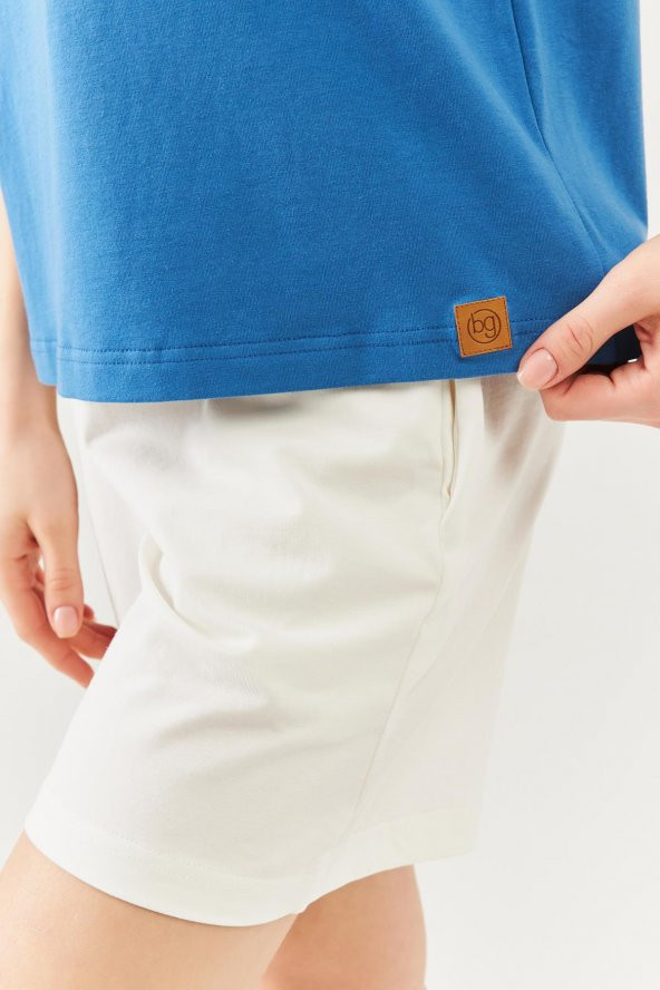 Mavi  Oversize Rahat %100 Pamuklu Penye Bisiklet Yaka Kısa Kol Basic T-Shirt - 8