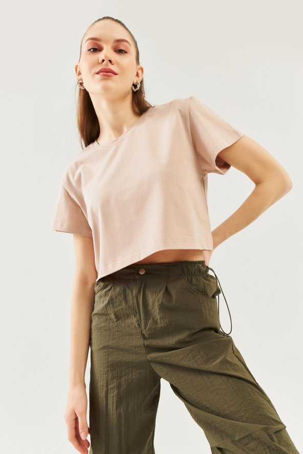 Açık Kahve Oversize Rahat %100 Pamuklu Penye Bisiklet Yaka Kısa Kol Basic Crop T-Shirt - 4