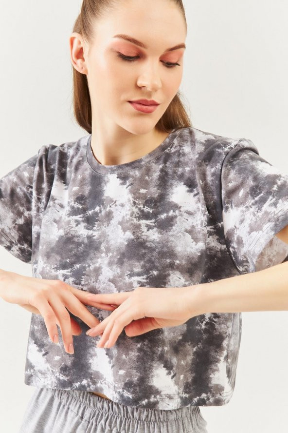 Batik Gri Oversize Rahat %100 Pamuklu Penye Bisiklet Yaka Kısa Kol Basic Crop T-shirt - 7