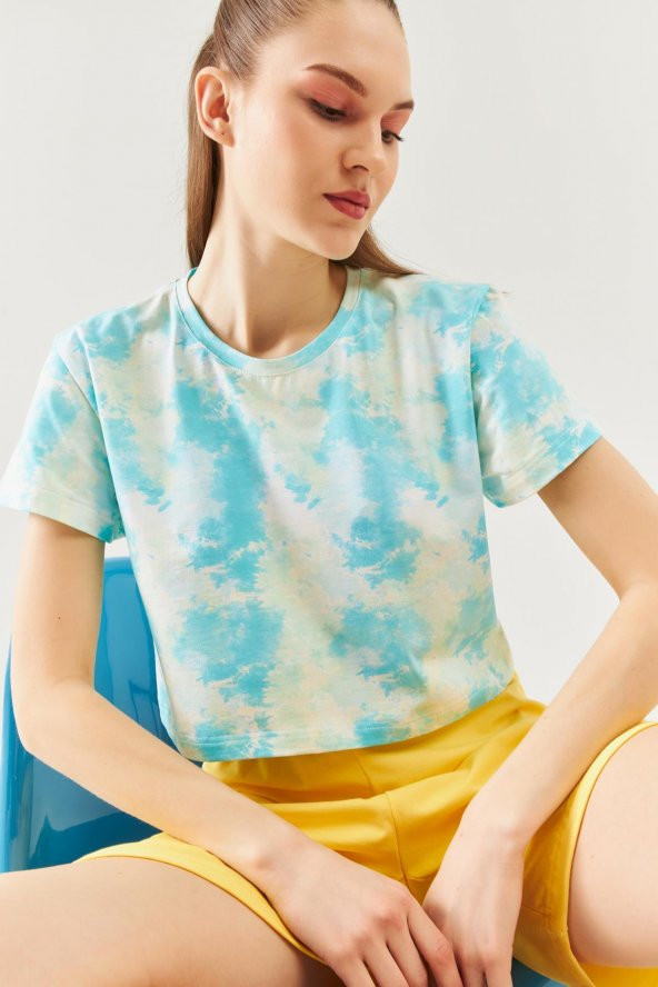 Batik Doğa Oversize Rahat %100 Pamuklu Penye Bisiklet Yaka Kısa Kol Basic Crop T-Shirt - 7