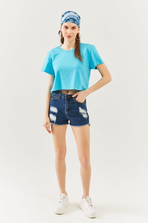 Aqua Oversize Rahat %100 Pamuklu Penye Bisiklet Yaka Kısa Kol Basic Crop T-Shirt - 7