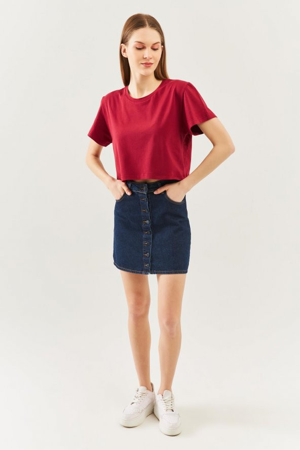 Bordo Oversize Rahat %100 Pamuklu Penye Bisiklet Yaka Kısa Kol Basic Crop T-Shirt - 7