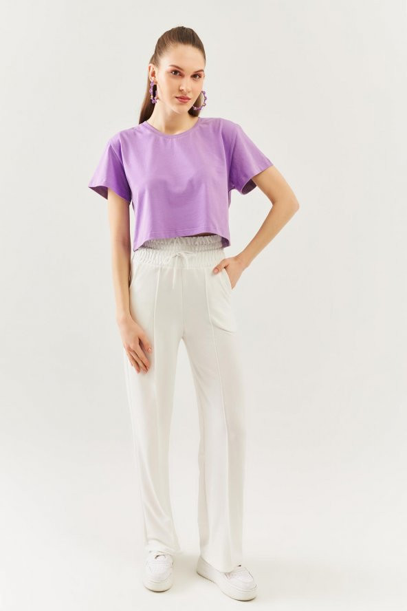 Lila Oversize Rahat %100 Pamuklu Penye Bisiklet Yaka Kısa Kol Basic Crop T-Shirt - 4