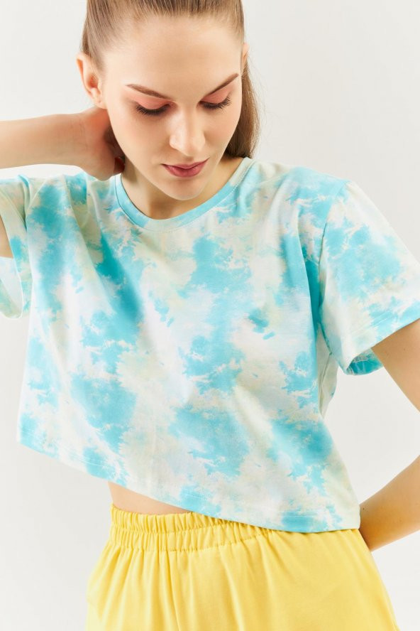 Batik Doğa Oversize Rahat %100 Pamuklu Penye Bisiklet Yaka Kısa Kol Basic Crop T-Shirt - 8