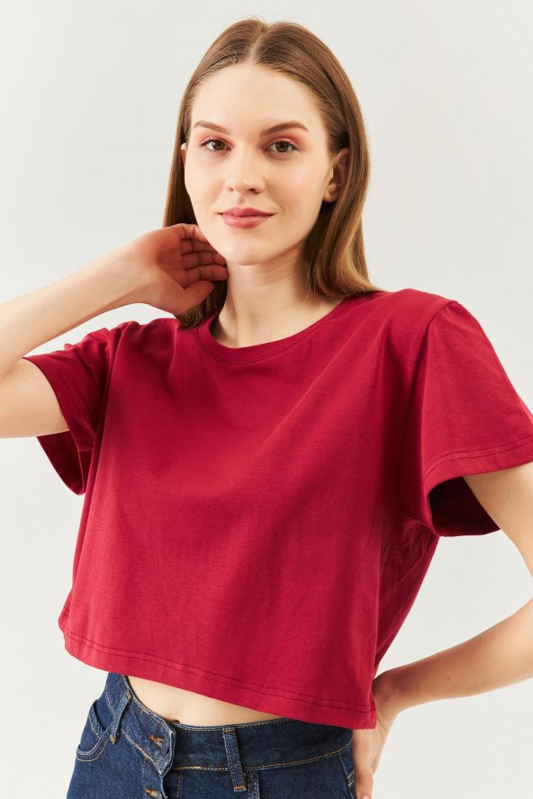 Bordo Oversize Rahat %100 Pamuklu Penye Bisiklet Yaka Kısa Kol Basic Crop T-Shirt - 8