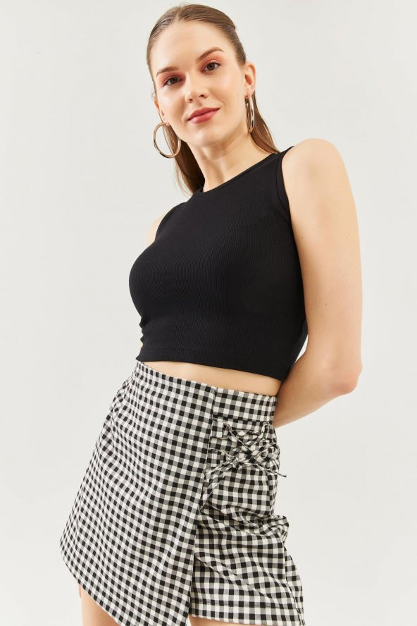 Siyah Sıfır Kol Bisiklet Yaka Vucuda oturan %100 Pamuklu Kaşkorse Esnek Crop Bluz - 2