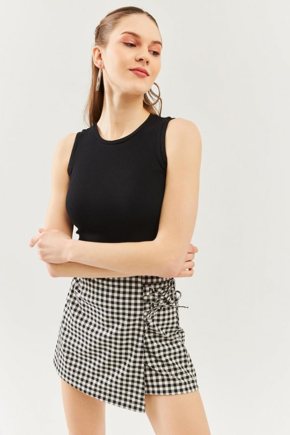 Siyah Sıfır Kol Bisiklet Yaka Vucuda oturan %100 Pamuklu Kaşkorse Esnek Crop Bluz - 3