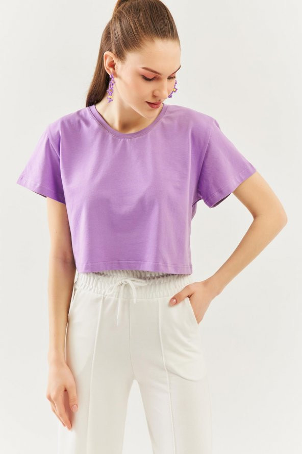 Lila Oversize Rahat %100 Pamuklu Penye Bisiklet Yaka Kısa Kol Basic Crop T-Shirt - 9