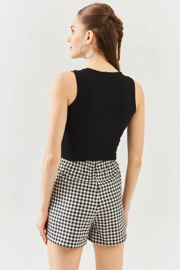 Siyah Sıfır Kol Bisiklet Yaka Vucuda oturan %100 Pamuklu Kaşkorse Esnek Crop Bluz - 5