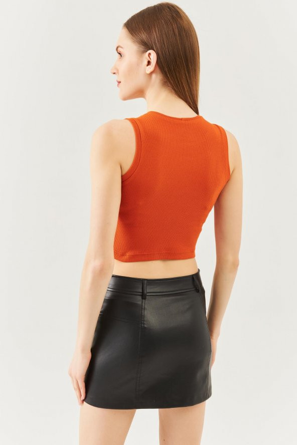 Kiremit Sıfır Kol Bisiklet Yaka Vucuda oturan %100 Pamuklu Kaşkorse Esnek Crop Bluz - 5