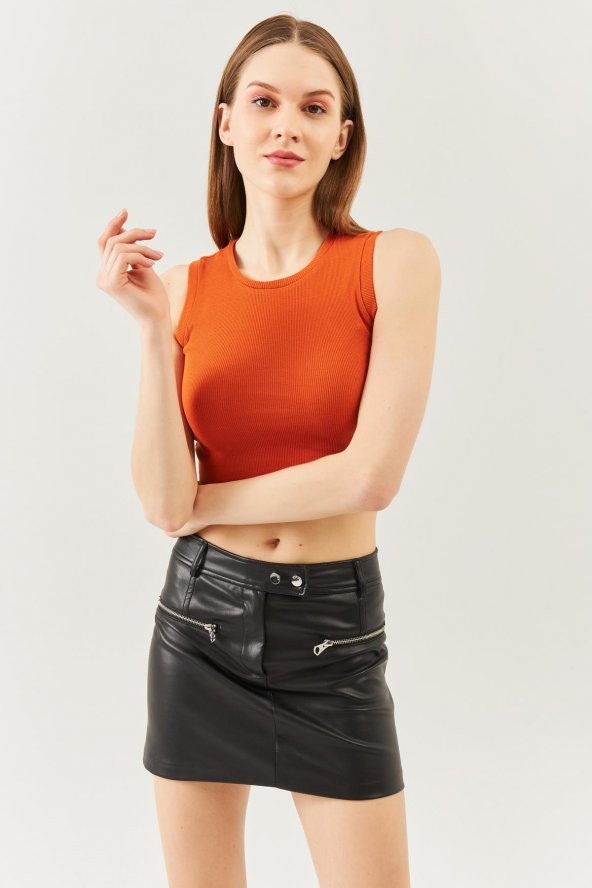 Kiremit Sıfır Kol Bisiklet Yaka Vucuda oturan %100 Pamuklu Kaşkorse Esnek Crop Bluz - 6