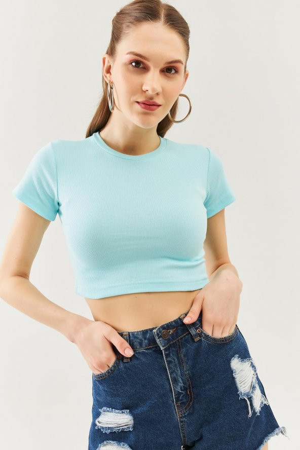 Aqua Kısa Kol Bisiklet Yaka Vücuda oturan %100 Pamuklu Kaşkorse Esnek Crop Bluz - 6