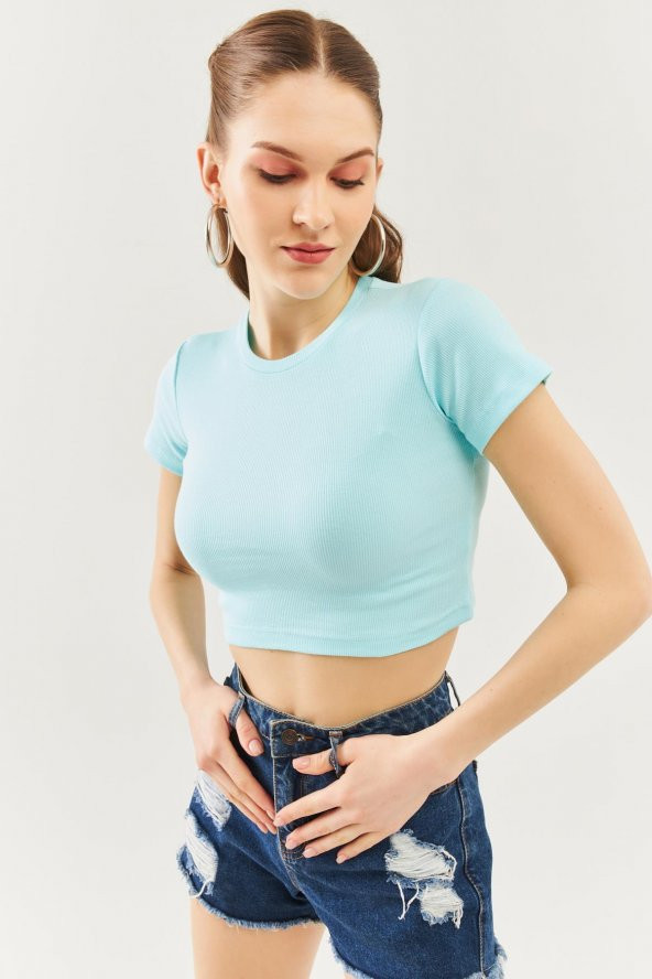 Aqua Kısa Kol Bisiklet Yaka Vücuda oturan %100 Pamuklu Kaşkorse Esnek Crop Bluz - 7