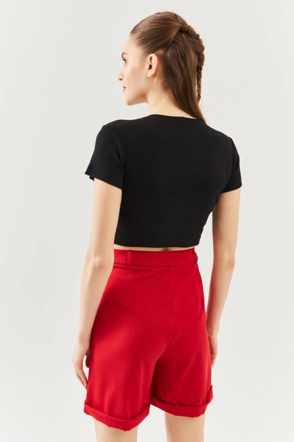 Siyah Kısa Kol Bisiklet Yaka Vücuda oturan %100 Pamuklu Kaşkorse Esnek Crop Bluz - 5