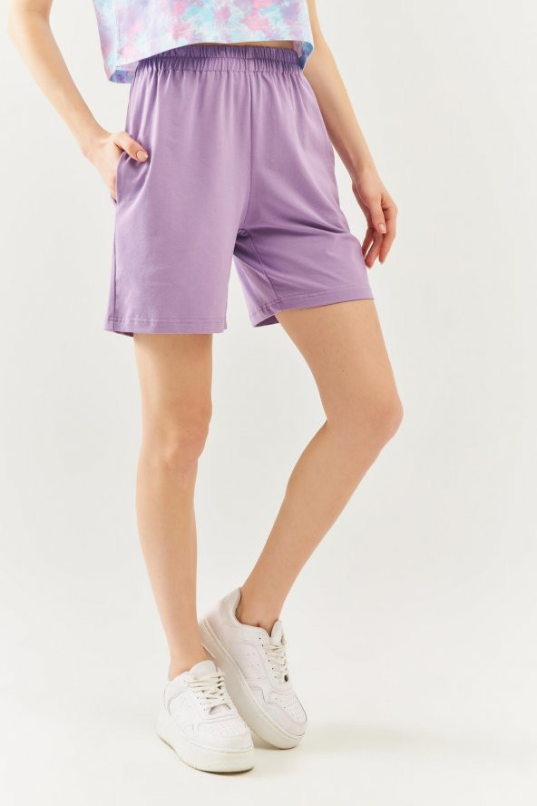 Lila Rahat %100 Pamuklu Penye Beli  Lastikli Bel Cepli Kısa Trendy  Kadın Şort - 3
