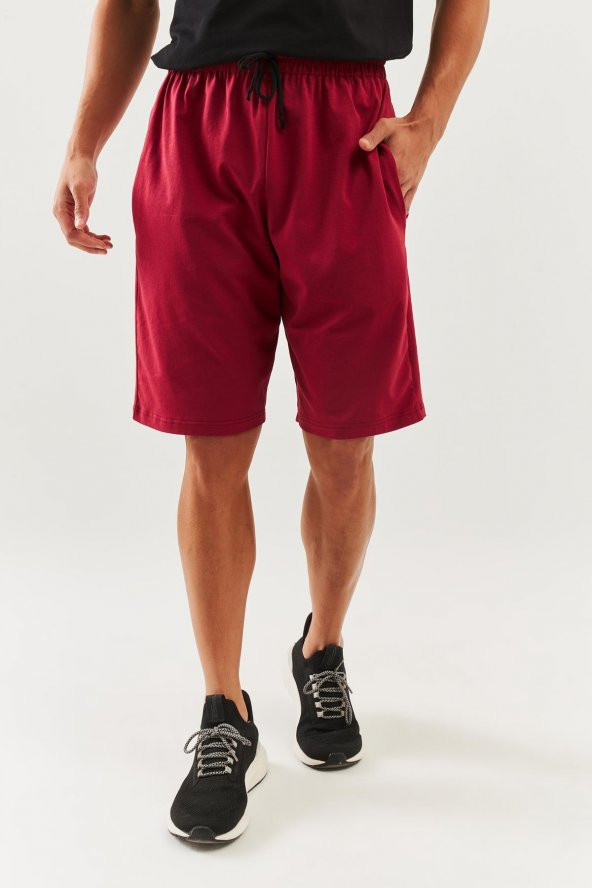 Bordo Rahat %100 Pamuklu Penye Bağcıklı Cepli Kısa Trendy Erkek Şort - 3