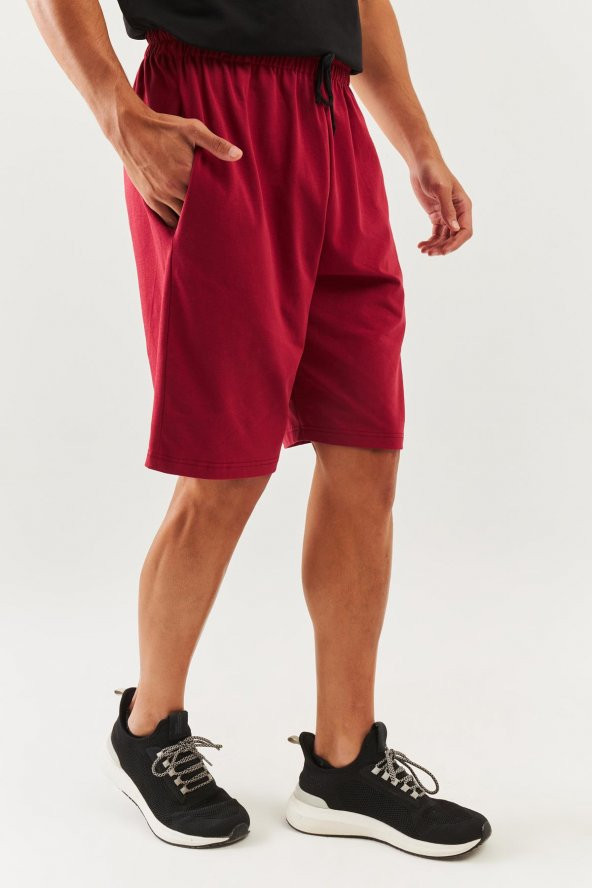Bordo Rahat %100 Pamuklu Penye Bağcıklı Cepli Kısa Trendy Erkek Şort - 4