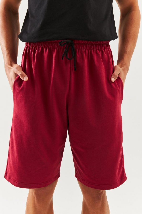 Bordo Rahat %100 Pamuklu Penye Bağcıklı Cepli Kısa Trendy Erkek Şort - 6