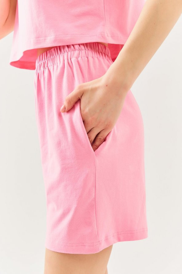 Pembe Rahat 100 Pamuklu Penye Beli  Lastikli Bel Cepli Kısa Trendy  Kadın Şort - 7