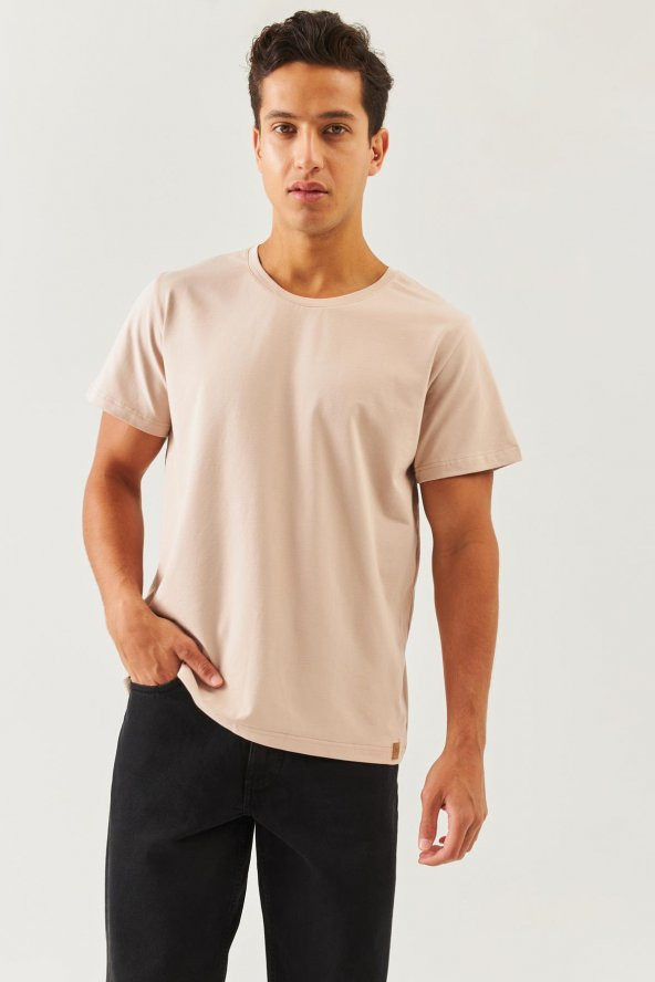 Açık Kahve Oversize Rahat %100 Pamuklu Penye Bisiklet Yaka Kısa Kol Basic T-Shirt Classic Collection