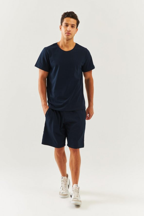 Lacivert Oversize Rahat %100 Pamuklu Penye Bisiklet Yaka Kısa Kol Basic T-Shirt  Classic Collection - 2