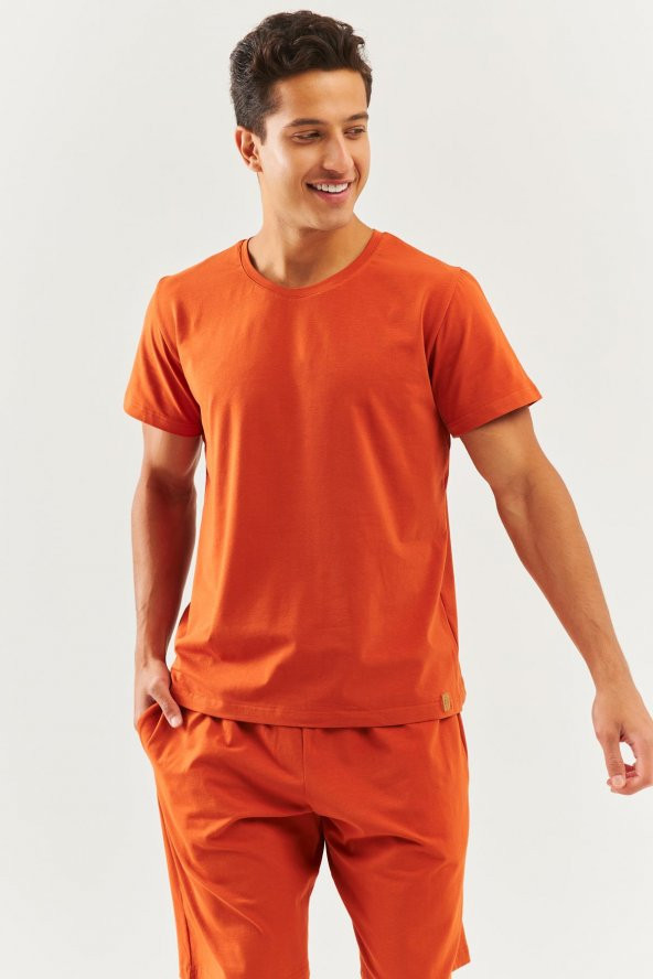 Kiremit Oversize Rahat %100 Pamuklu Penye Bisiklet Yaka Kısa Kol Basic T-Shirt Trendy Collection