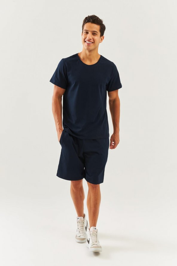 Lacivert Oversize Rahat %100 Pamuklu Penye Bisiklet Yaka Kısa Kol Basic T-Shirt  Classic Collection - 3