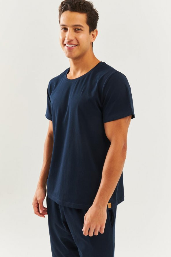 Lacivert Oversize Rahat %100 Pamuklu Penye Bisiklet Yaka Kısa Kol Basic T-Shirt  Classic Collection - 4