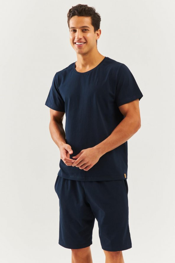 Lacivert Oversize Rahat %100 Pamuklu Penye Bisiklet Yaka Kısa Kol Basic T-Shirt  Classic Collection - 5