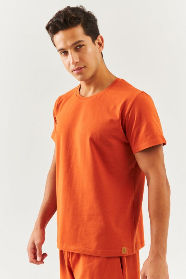 Kiremit Oversize Rahat %100 Pamuklu Penye Bisiklet Yaka Kısa Kol Basic T-Shirt Trendy Collection - 5
