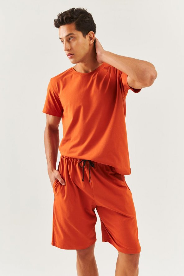 Kiremit Oversize Rahat %100 Pamuklu Penye Bisiklet Yaka Kısa Kol Basic T-Shirt Trendy Collection - 6