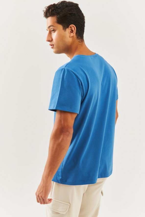 Mavi Oversize Rahat %100 Pamuklu Penye Bisiklet Yaka Kısa Kol Basic T-Shirt Classic Collection - 7