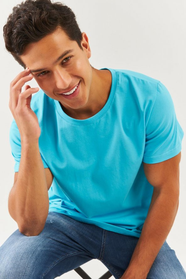 Aqua Oversize Rahat %100 Pamuklu Penye Bisiklet Yaka Kısa Kol Basic T-Shirt Trendy Collection - 5