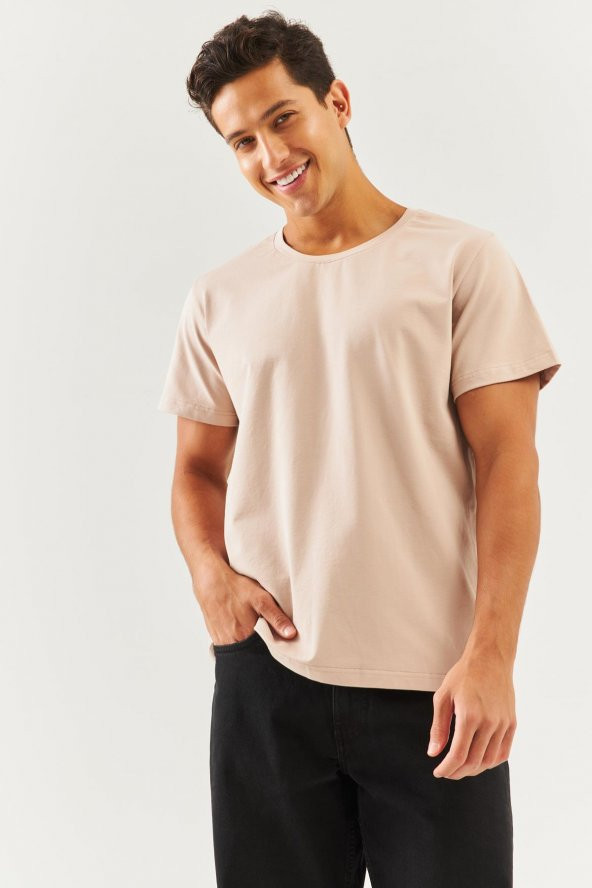 Açık Kahve Oversize Rahat %100 Pamuklu Penye Bisiklet Yaka Kısa Kol Basic T-Shirt Classic Collection - 3