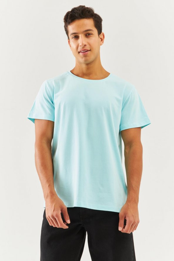 Buz Mavisi Oversize Rahat %100 Pamuklu Penye Bisiklet Yaka Kısa Kol Basic T-Shirt Trendy Collection - 4