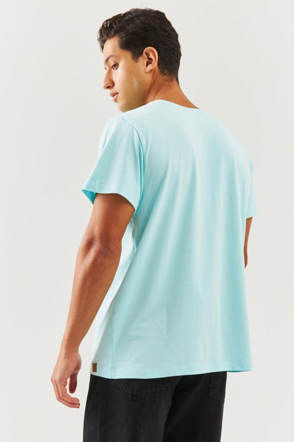 Buz Mavisi Oversize Rahat %100 Pamuklu Penye Bisiklet Yaka Kısa Kol Basic T-Shirt Trendy Collection - 7