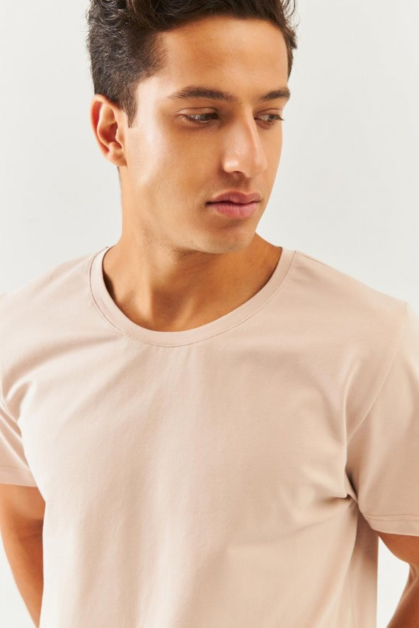 Açık Kahve Oversize Rahat %100 Pamuklu Penye Bisiklet Yaka Kısa Kol Basic T-Shirt Classic Collection - 6