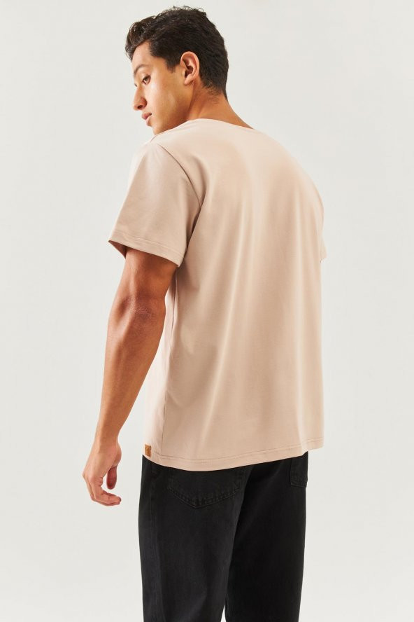 Açık Kahve Oversize Rahat %100 Pamuklu Penye Bisiklet Yaka Kısa Kol Basic T-Shirt Classic Collection - 7