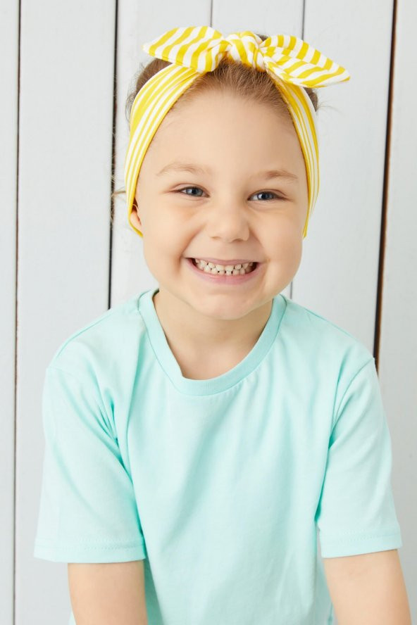 Sarı Beyaz Çizgili El Yapımı Yumuşak Fiyonk Bağlamalı Doğal Pamuklu Penye Bebek Çocuk Kız Bandana BEST OF SERİSİ - 2